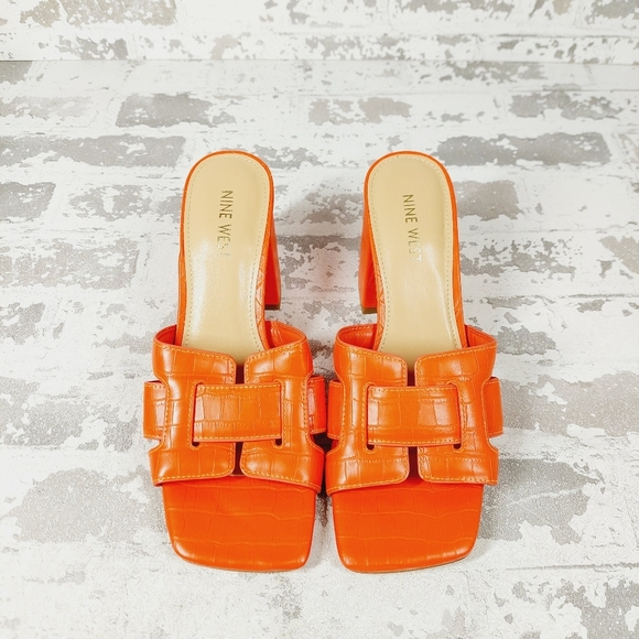 NEW Nine West Kindee 3 Orange Faux Leather Open Toe Block Heel Sandals V133 - Picture 7 of 11